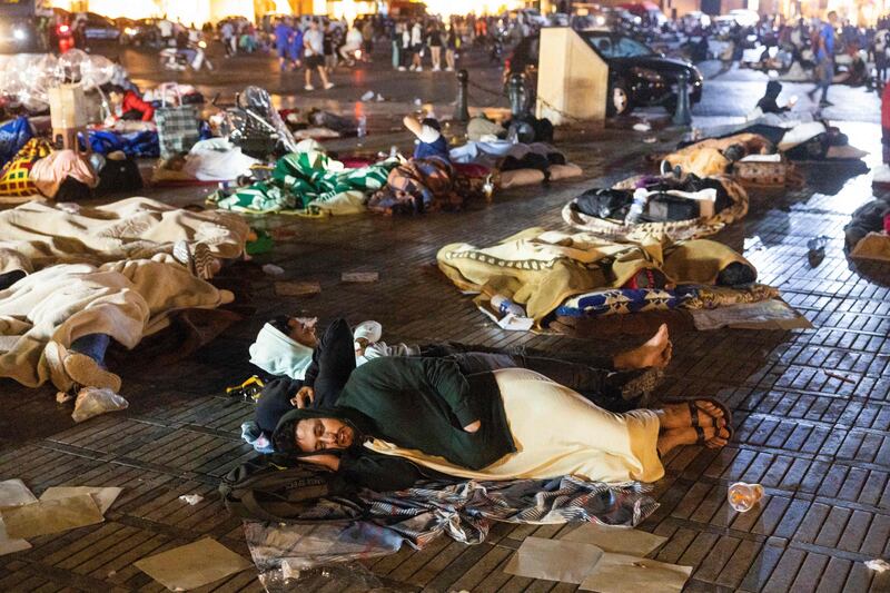 Residents take shelter outside at a square following an earthquake in Marrakesh. Photo by Fadel Senna/AFP