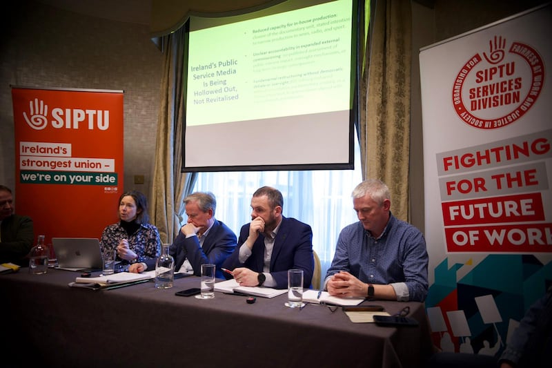 Eileen Culloty of DCU addressing the meeting at Buswells Hotel in Dublin. Also pictured are Siptu officials Adrian Kane and Robbie Purfield along with the union's broadcast sector chair, Ciaran Kelly