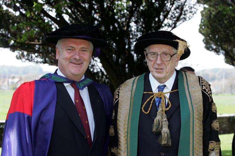John Bruton, on his conferral with a Doctor of Laws degree, with Dr Garret FitzGerald, chancellor of NUI, at the Royal Hospital, Kilmainham in 2005. Photograph: Cyril Byrne/The Irish Times