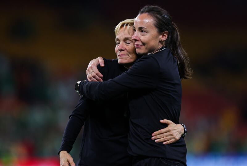 Ireland manager Vera Pauw and physio Angela Kenneally hug after the game. Photograph: Ryan Byrne/Inpho