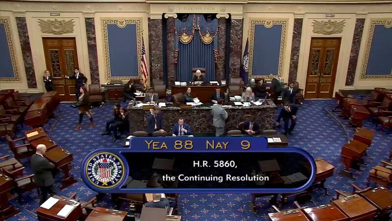 The temporary funding bill reached a total vote of 88-9. Photograph: Senate Television/AP