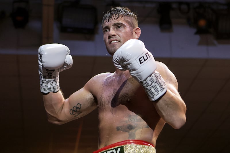 Joe Ward celebrates after beating Dmytro Fedas. Photograph: Laszlo Geczo/Inpho