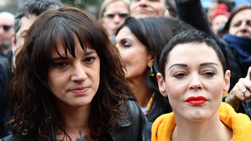 Italian actor Asia Argento and US actor Rose McGowan, who both accused Harvey Weinstein of sexual assault, take part in a march  as part of the International Women’s Day in Rome. Photograph: Alberto Pizzoli/AFP/Getty Images)