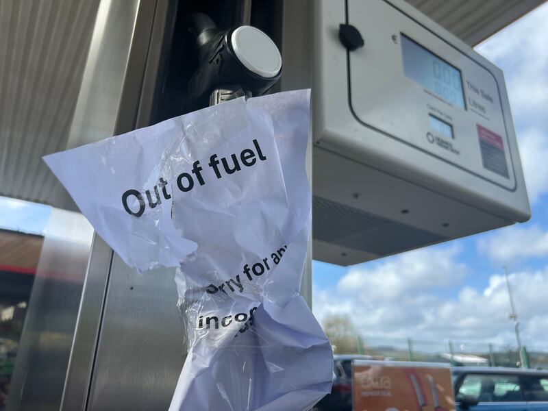 A sign on a fuel pump at Barron’s Spar and Circle K filling station telling customers they are out of fuel. Photograph: David Raleigh