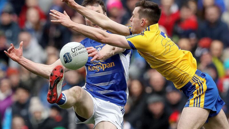 Roscommon’s Brian Stack attempts to block Cavan’s Gearóid McKiernan  during the Allianz League Division Two final  at Croke Park. Photograph: Bryan Keane/Inpho