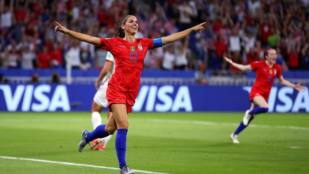 Alex Morgan of the USA celebrates scoring against England in the World Cup semi-final in 2019. The high profile American star has now joined Tottenham Hotspur in the WSL. Photograph: Richard Heathcote/Getty Images
