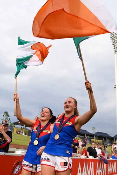 Sinead Goldrick and Blaithin Mackin of the Melbourne Demons celebrate victory after November's AFLW Grand Final. Photograph Matt Roberts/AFL Photos/Getty Images