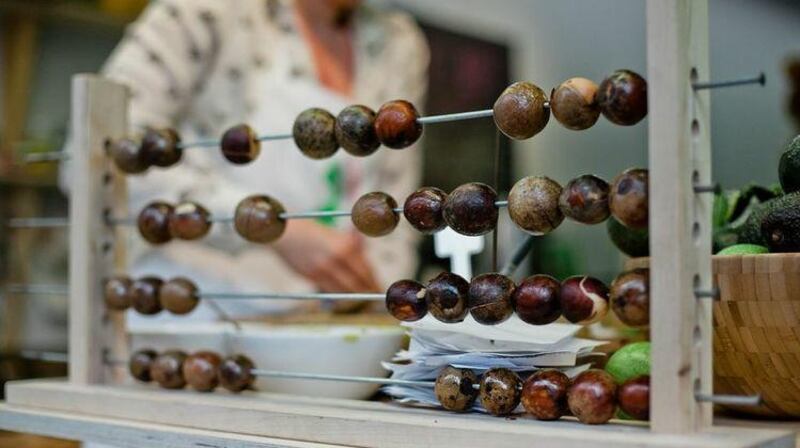 A matter of taste: Fiona Hallinan’s abacus made from avocado stones, at the Hare Cafe, 2013
