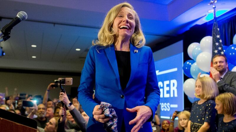 Abigail Spanberger, Democratic candidate to represent Virginia’s seventh Congressional district in the US House of Representatives, declares victory over Republican incumbent Representative Dave Brat in Richmond, Virginia. Photograph: Michael Reynolds/EPA