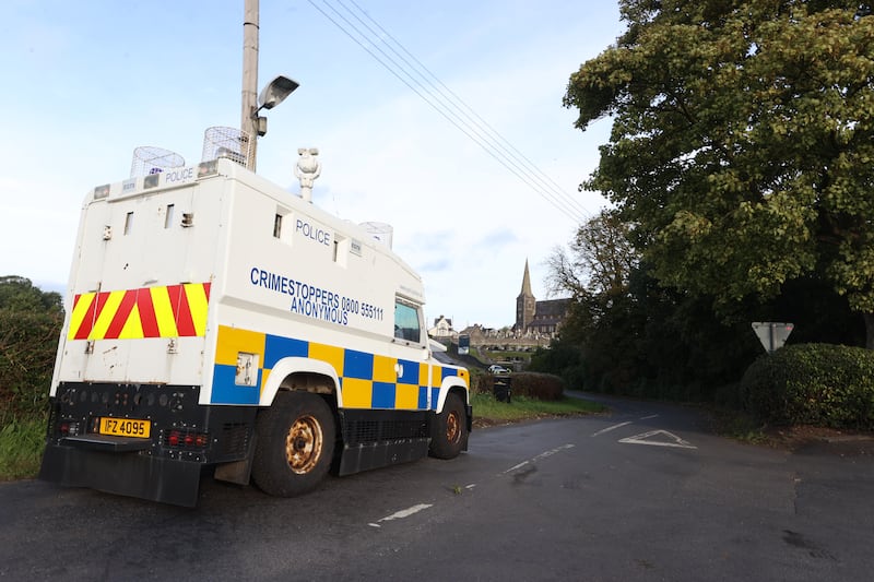 A PSNI vehicle near Drumcree Church following a weekend of tension at Drumcree in Portadown. Photograph: Liam McBurney/PA Wire