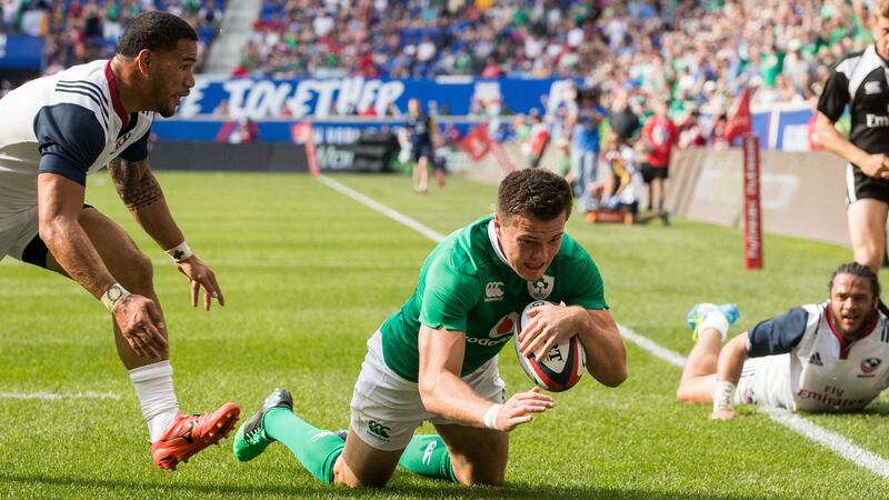 Ireland’s Jacob Stockdale scores  on his debut. Photograph: Ryan Byrne/Inpho