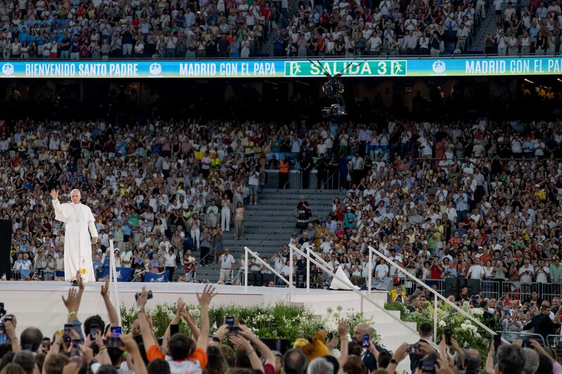 Pope Leo XIV at a gathering of the Madrid Diocese in the Bernebeu Stadium in Madrid, Spain, on Monday, June 8, 2026. Photograph: Claudia Paparelli/Bloomberg via Getty Images