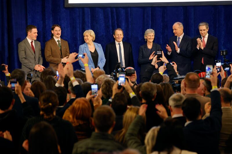 Connolly's sons (both left), Heather Humphreys, her husbands Brian McEnry, Connolly, Martin and Harris in Dublin Castle. Photograph: Alan Betson/The Irish Times