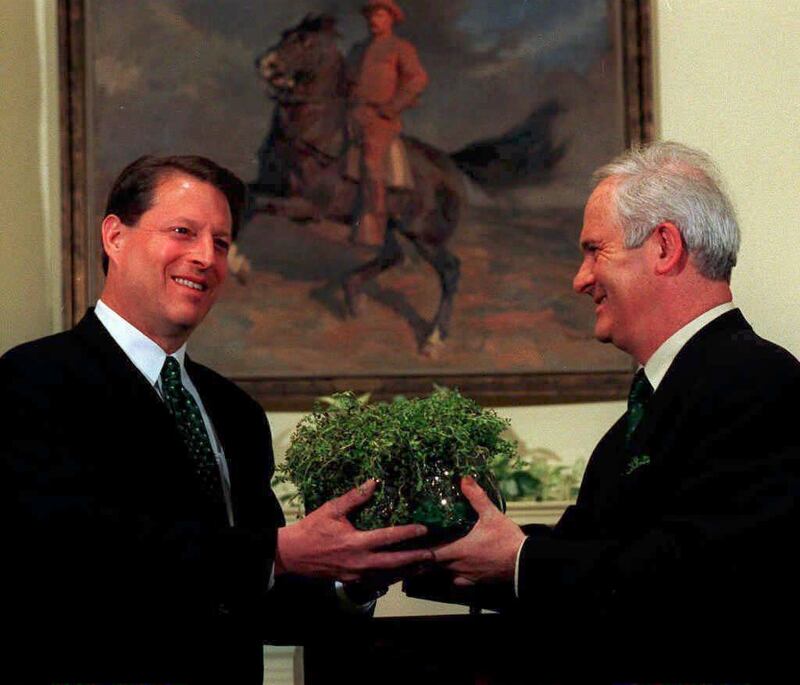 John Bruton presents US vice president Al Gore with a crystal bowl of shamrocks at the White House on St Patrick's Day, 1997. Photograph: AP Photo/J.Scott Applewhite