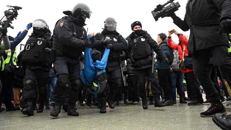 Police detain a man during a rally in support of jailed opposition leader Alexei Navalny in Moscow on Saturday. Photograph: KIRILL KUDRYAVTSEV/AFP via Getty Images