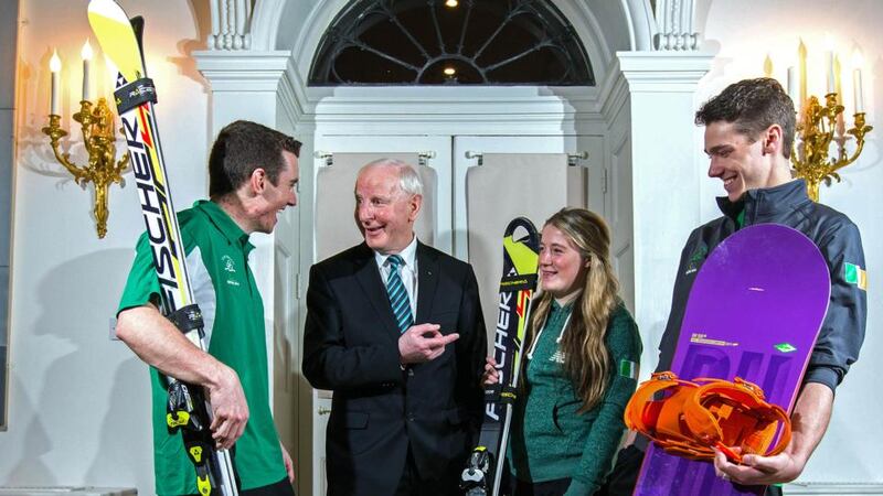 At the announcement of Ireland’s team for the  Sochi Winter Olympic Games at The Merrion Hotel in Dublin were  (L-R) Conor Lyne,  Olympic Council of Ireland president   Pat Hickey, Florence Bell and  Seamus O’Connor. Photograph: Cathal Noonan/Inpho