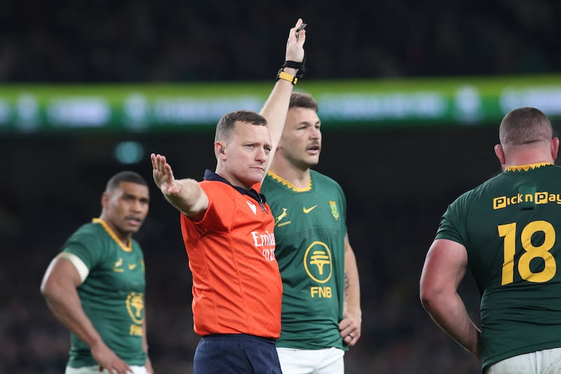 English referee Matthew Carley gestures in the match between South Africa and Ireland. Photograph: Paul Faith/AFP via Getty