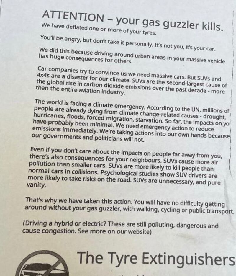 A leaflet left on one of the targeted vehicles