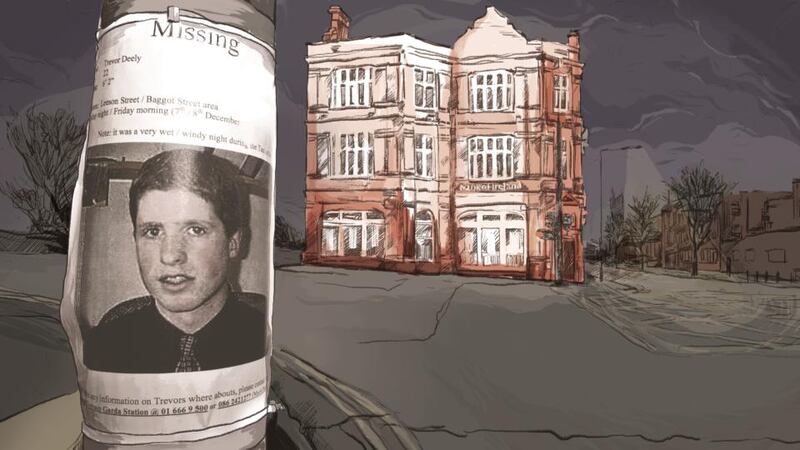 Baggot Street Bridge: a missing poster by the Bank of Ireland branch where Trevor Deely was last seen. Illustration: Dearbhla Kelly