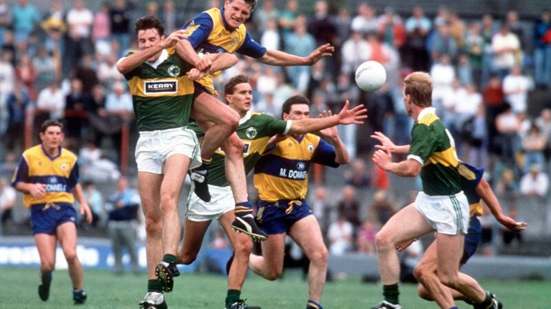 Clare and Kerry players compete for the ball during the 1992 Munster SFC Final  at the Gaelic Grounds in Limerick. Photograph: Inpho