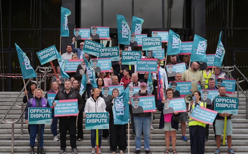 Fórsa staff from the Oberstown Child Detention Centre on the picket line outside the Department of Children and Equality in Dublin earlier this week. Photograph: Niall Carson/PA Wire