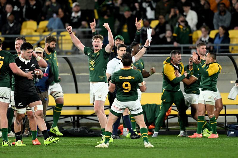Ethan Hooker leads the celebrations at the end of South Africa's Rugby Championship victory against New Zealand at Sky Stadium in Wellington, New Zealand. Photograph: Joe Allison/Getty Images