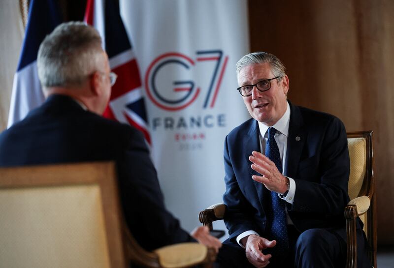 British prime minister Keir Starmer speaks to the media on the sidelines of the G7 summit in France. Photograph: Isabel Infantes/PA Wire