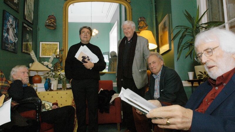 Poets Dermot Healy, Macdara Woods, John Montague, Paul Durcan and Tom MacIntyre     in the green room at the Gate Theatre before going on stage to read from The Great Hunger and other poems by Patrick Kavanagh at   centenary celebrations marking  the birth of the late Monaghan poet in 2004 in Dublin.  File photograph: Moya Nolan/The Irish Times