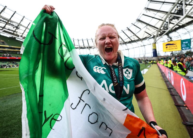 Ireland's Aoife Wafer celebrates after the Six Nations match against Scotland in the Aviva. Photograph: INPHO/Ben Brady