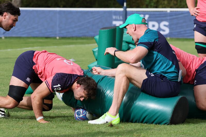 Caelan Doris gets down to business during a training session at the Chambrerie stadium in Tours, central France ahead of the World Cup. Photograph: Alain Jocard/AFP/via Getty Images