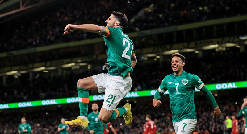 Robbie Brady of Ireland celebrates his late winner from the penalty spot against Armenia in the Nations League at the Aviva Stadium in Dublin last month. Photograph: James Crombie/INPHO