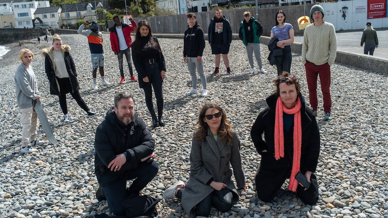 Adrian McCarthy (producer/director), Judy Kelly (director) and Oda O’Carroll (producer) with the participants of  Our Town.  Photograph: Arthur Janowsky