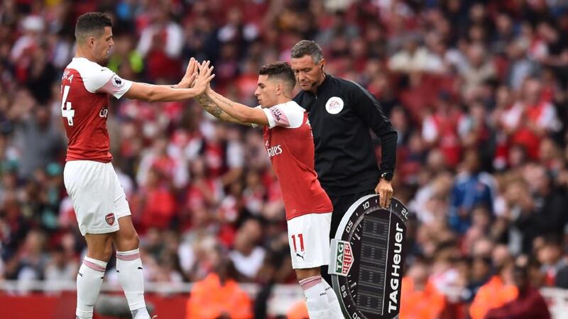 Arsenal’s Uruguayan midfielder Lucas Torreira, Unai Emery’s latest signing, comes on for  Granit Xhaka (R) during last week’s Premier League match against Manchester City at the Emirates Stadium. Photograph: Glyn Kirk/AFP