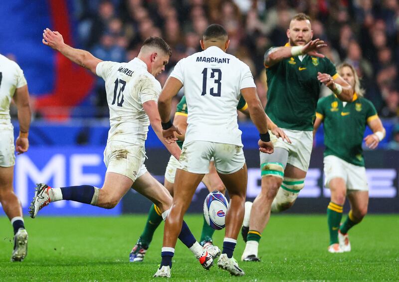 England’s Owen Farrell kicks a drop goal. Photograph: James Crombie/Inpho