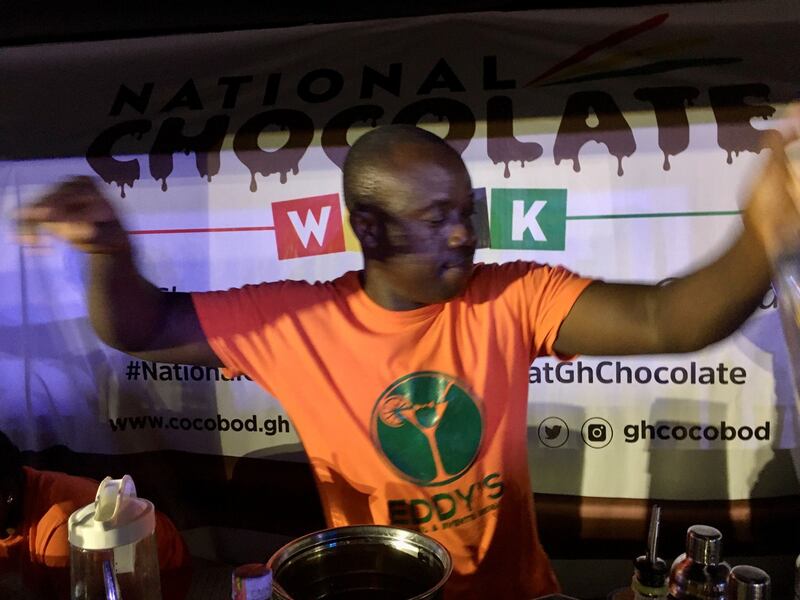 A barman makes cocktails during Ghana’s National Chocolate Week. Photograph: Sally Hayden