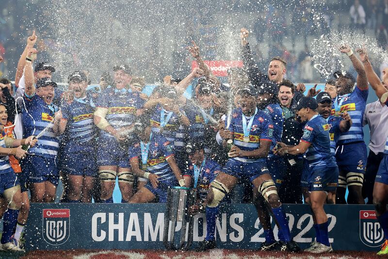 The Stormers celebrate beating the Bulls in the URC final in May at DHL Stadium, Cape Town, South Africa. Photograph: Laszlo Geczo/Inpho