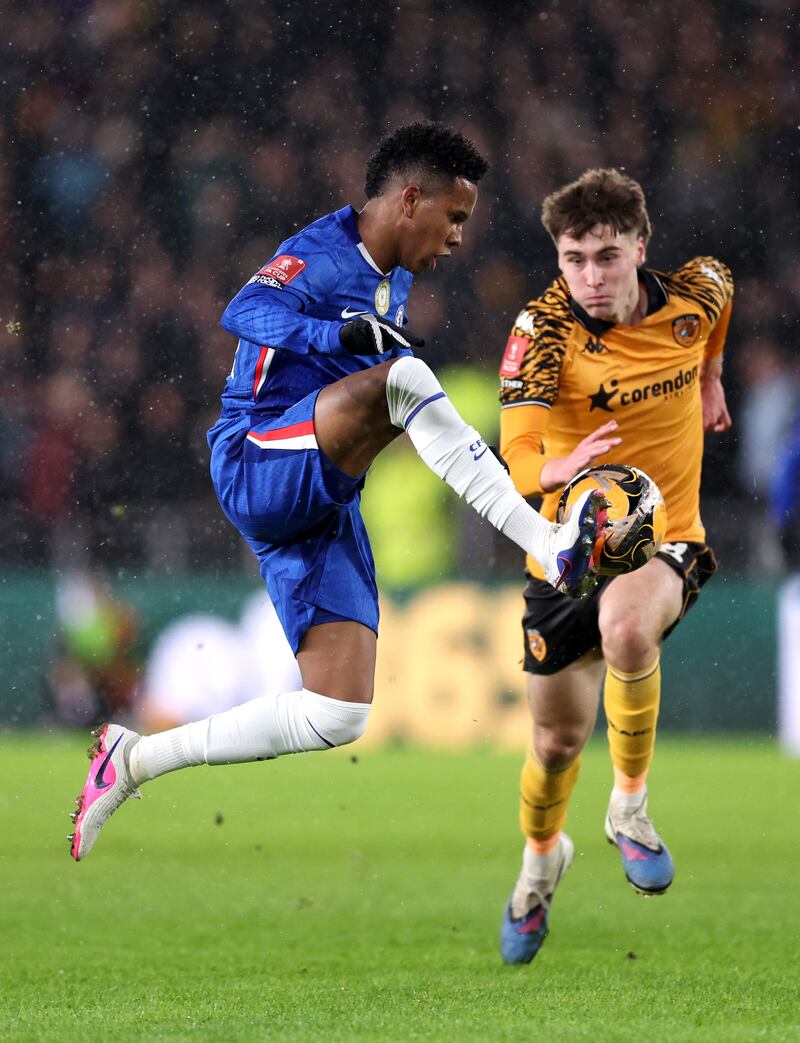 Cathal McCarthy of Hull City closes down Chelsea's Estevao during last Friday's FA Cup fourth-round tie at MKM Stadium. Photograph: George Wood/Getty Images