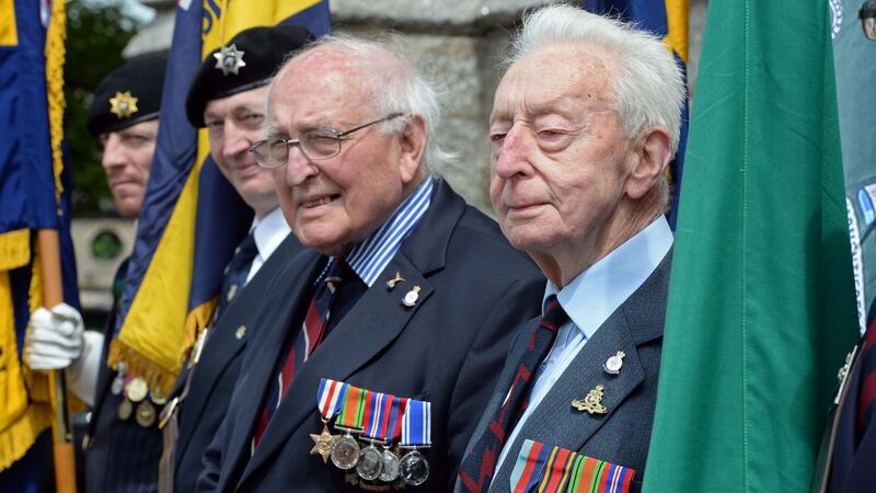Albert Sutton (left) and Ken McLean with standard bearers, at the Service of Commemoration for those who served in the second World War, at Monkstown Parish Church, Co Dublin, in 2014. File photograph: Eric Luke