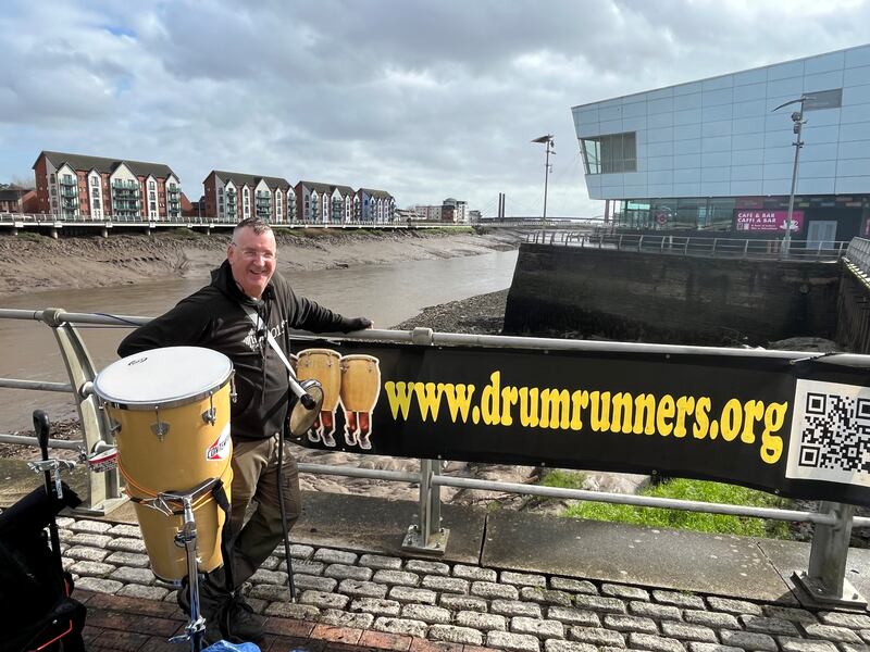 Drummer Paul Midgley on Newport waterfront. Photograph: Mark Paul