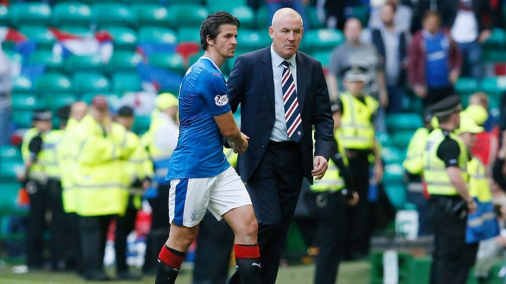 Rangers manager Mark Warburton with’ Joey Barton after their Old Firm loss to Celtic. Photo: Russell Cheyne/Reuters