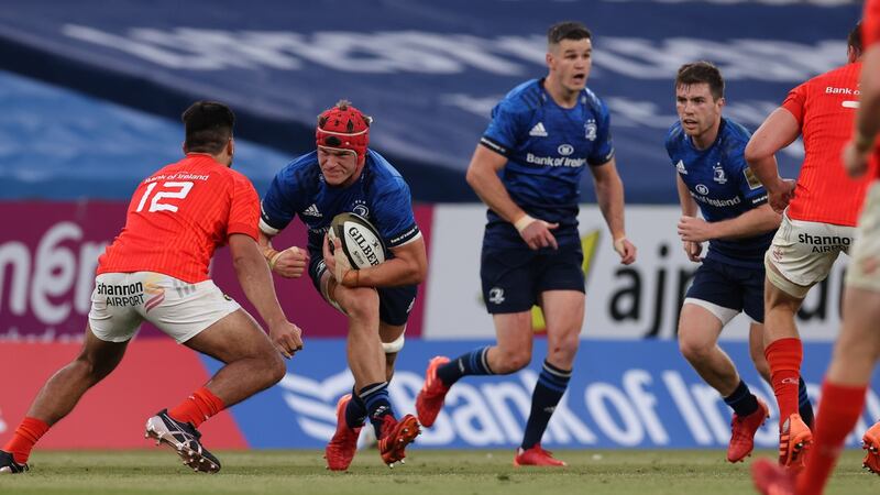 Damian de Allende lines up Josh van der Flier during Munster’s narrow defeat to Leinster. Photograph: Billy Stickland/Inpho