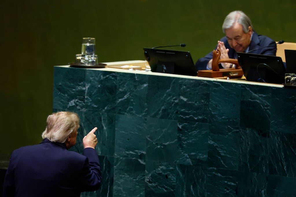 United Nations secretary-general António Guterres gestures to US president Donald Trump after he finishes speaking during the General Assembly in New York on Wednesday.
(Photo by Chip Somodevilla/Getty Images)