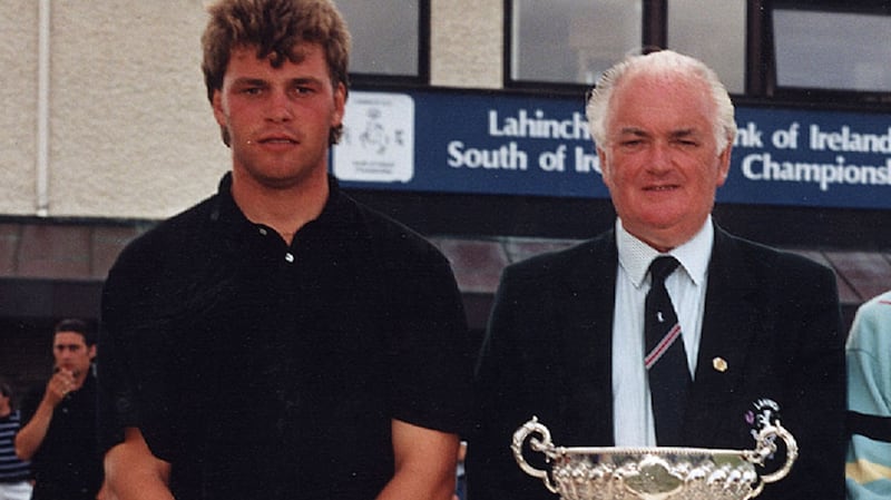 Former Lahinch captain Tim McHale with Darren Clarke at the 1990 South of Ireland Championship.
