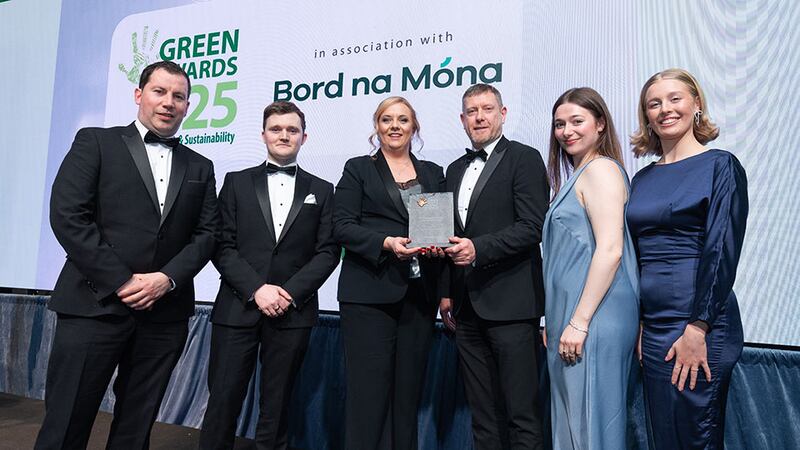 Annabel Fitzgerald, head of sustainability at energia group, presents the sustainable energy achievement award to Astellas Kerry team