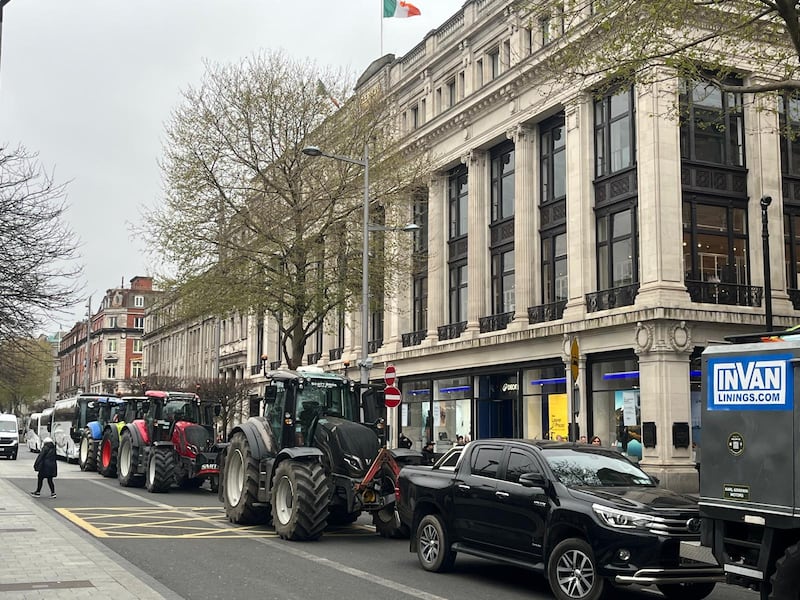 Tractors lined up in O'Connell Street during a third day of protests against rising fuel prices