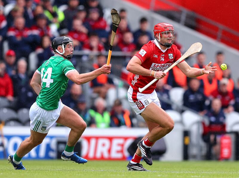 Cork's Brian Hayes with Aidan O'Connor of Limerick during the Munster hurling final. Photograph: Tom O’Hanlon/Inpho