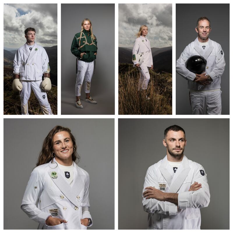 Irish Olympians wearing Paris 2024 parade uniforms designed by Laura Weber. Photographs: Matthew Thompson
