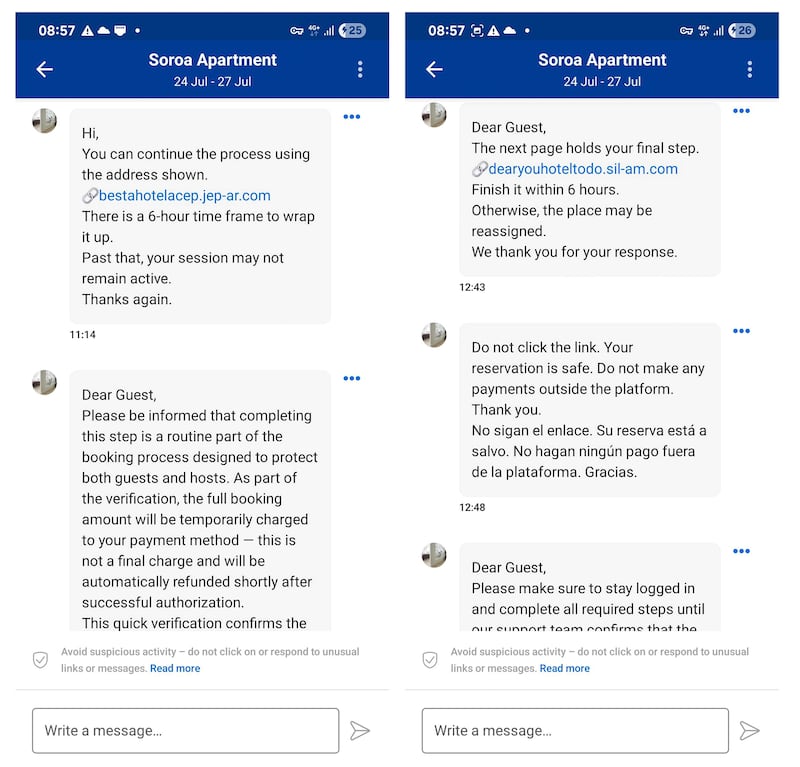Booking.com message screen grabs