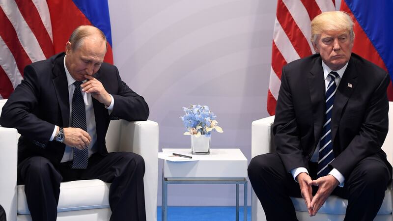 Russia’s President Vladimir Putin and President Donald Trump at a meeting  on the sidelines of the G20 Summit in Hamburg in July 2017. Photograph: Saul Loeb/AFP/Getty Images