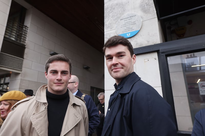Rupert and Guy Walker, grandsons of Brendan Behan, at the unveiling of a commemorative plaque marking his home on Dublin's Russell Street. Photograph: Alan Betson/The Irish Times